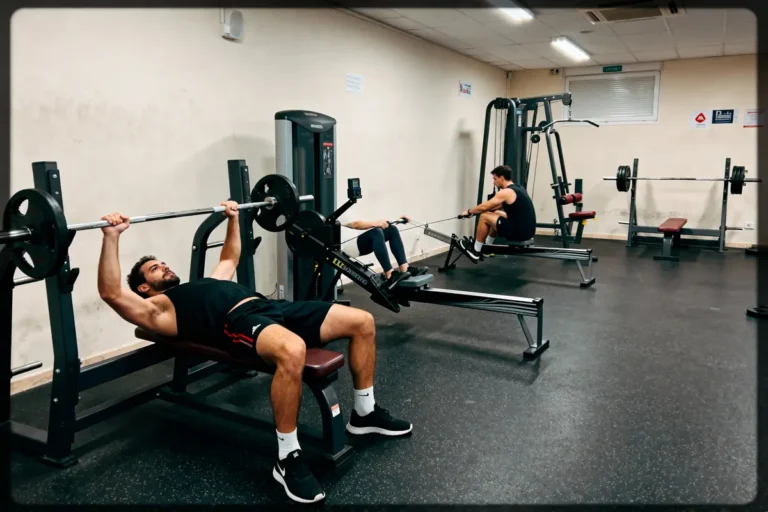 Trois personnes s'entraînent dans une salle de sport, utilisant un banc, rameur et machine de musculation.