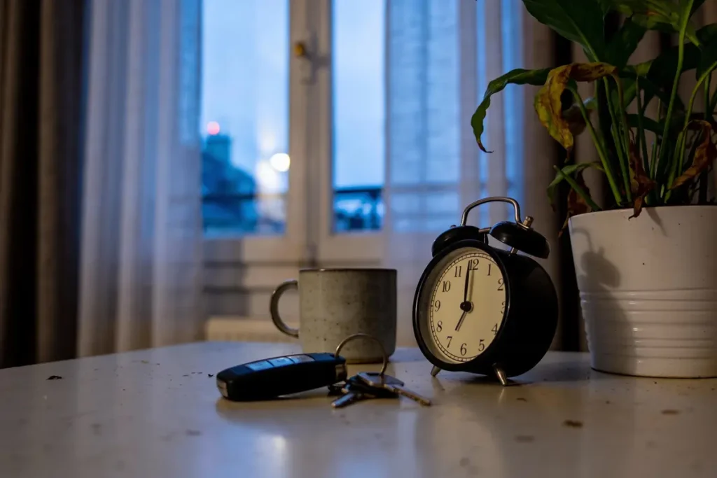 Horloge noire, plante en pot, tasse grise, clés, sur table. Fenêtre avec rideaux flous en arrière-plan.