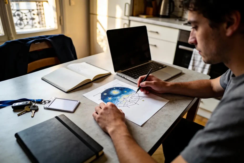 Homme dessinant une nuit étoilée à côté d'un ordinateur portable, carnet ouvert et clés sur table.