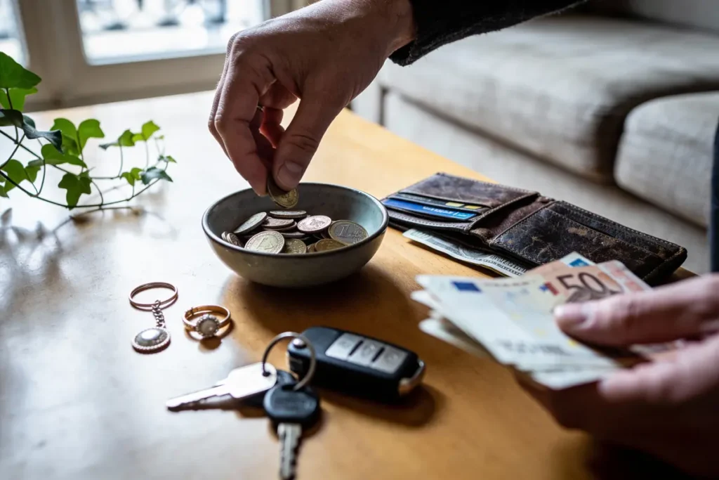 Main mettant des pièces dans un bol près d'un portefeuille, billets, clés et plantes sur une table.