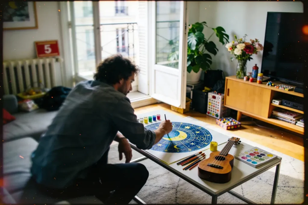 Un homme peint un cercle astrologique coloré sur une table de salon, entouré de crayons et ukulélé.