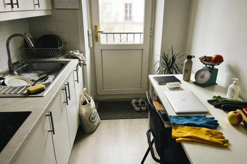 Cuisine étroite avec évier, balance, ordinateur, gants, plantes, fruits et chaussures près de la porte.