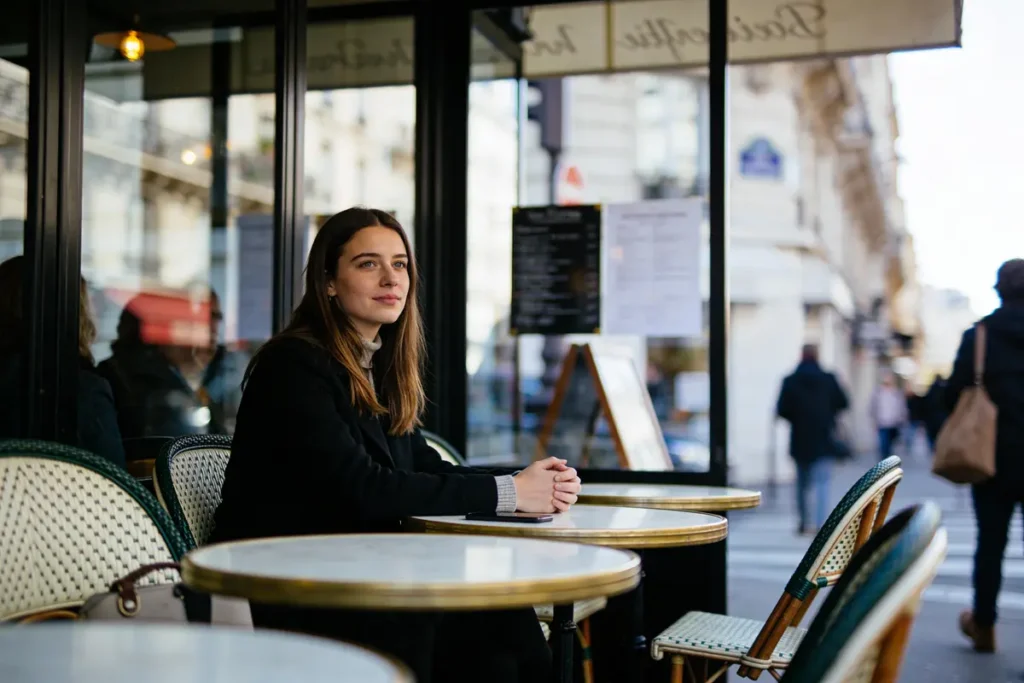 Une personne assise à une terrasse de café parisien, regardant au loin, tables et chaises en arrière-plan.