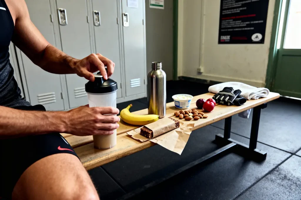 Homme préparant un shake protéiné dans vestiaire, avec banane, amandes, barre énergétique, fruits et accessoires sportifs.