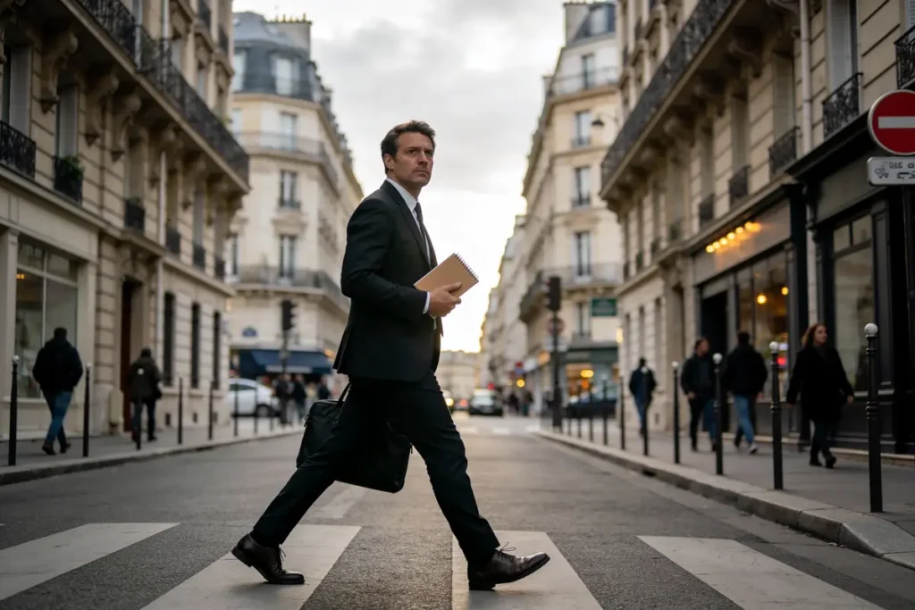 Homme en costume traversant passage piéton à Paris, portant sac et cahier. Scène urbaine animée.