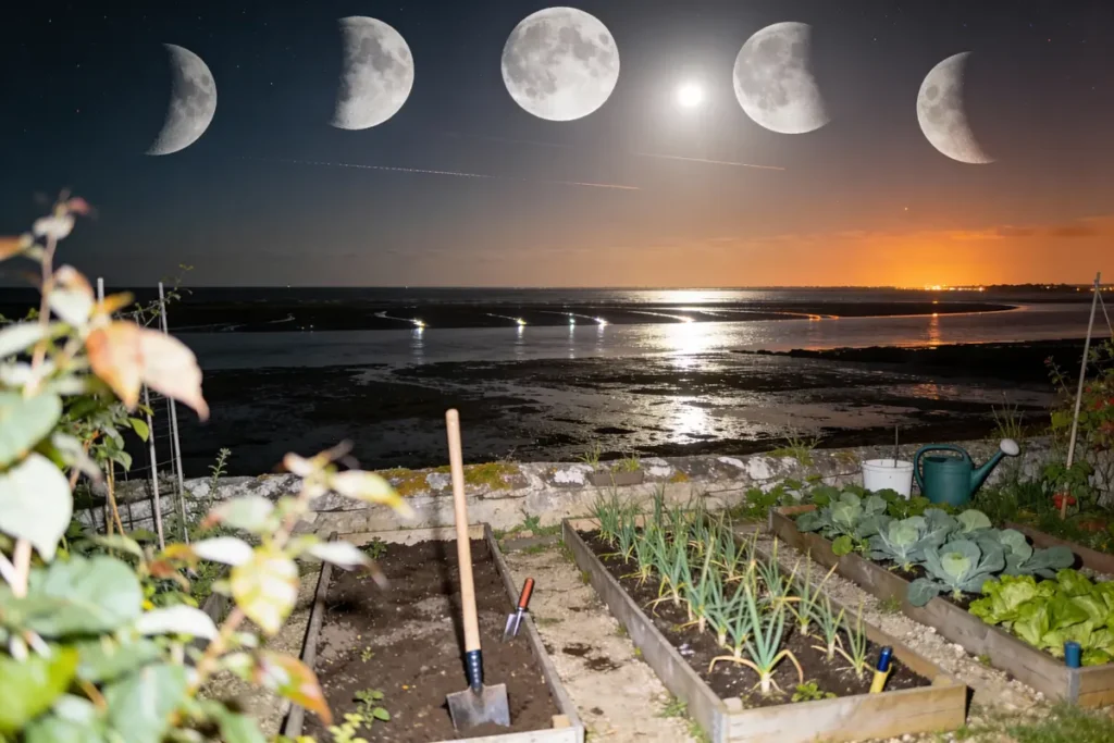 Jardin potager nocturne avec cycles lunaires au-dessus de la mer. Outils et plantations visibles à l'avant.