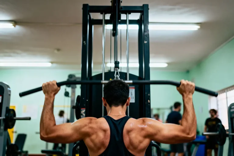 Homme soulevant une barre de musculation dans une salle de sport, vu de dos. Muscles bien définis.