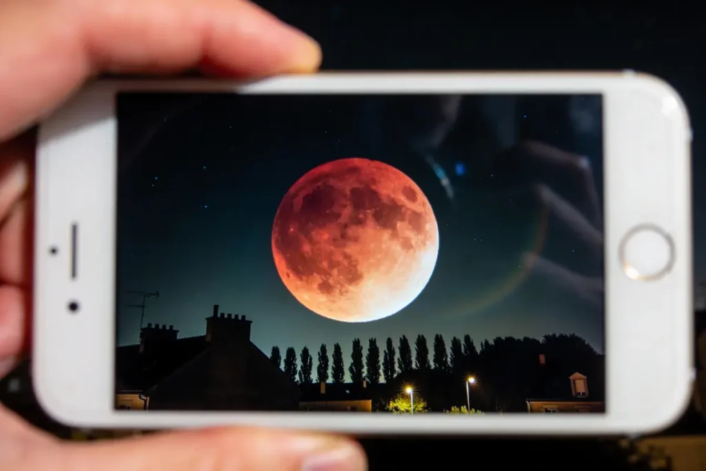 Photo d'une éclipse lunaire rouge, vue à travers un smartphone, avec des toits et arbres silhouettés.