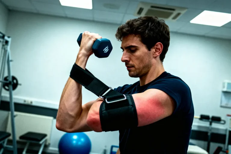 Homme en salle de sport, utilisant un haltère avec attelle au coude, fond de matériel d'exercice.
