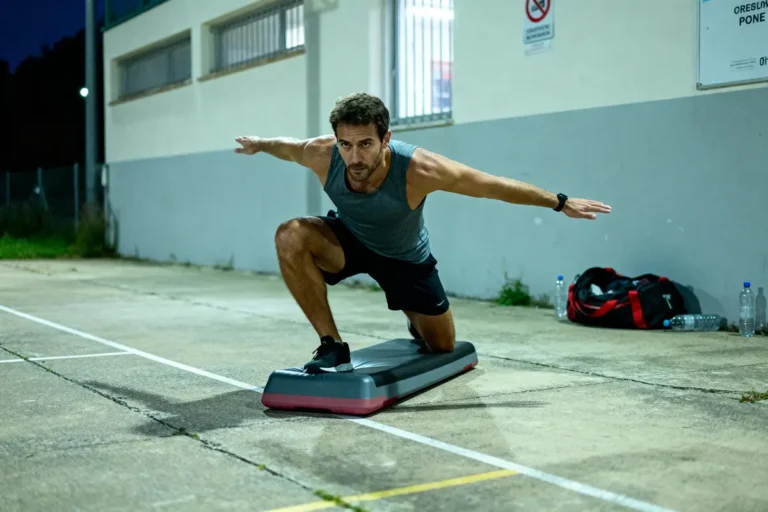 Homme faisant des exercices d'équilibre sur une marche d'aérobic, extérieur, vêtements de sport, sac et bouteilles d'eau.