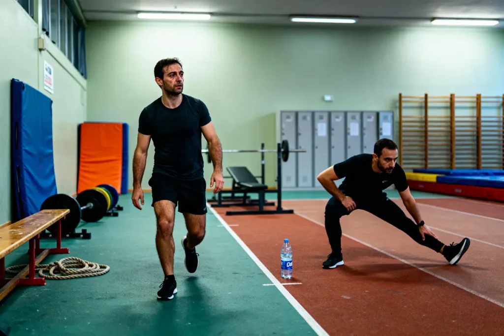Deux hommes s'échauffent dans une salle de sport avec des équipements et bancs autour.