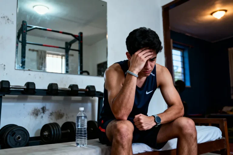 Un homme pensif en tenue de sport, assis dans une salle de gym avec haltères et bouteille d'eau.