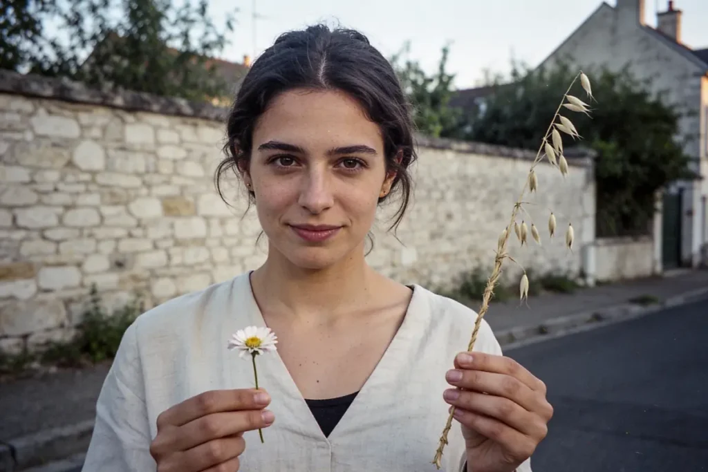 Femme tenant une fleur blanche et une tige d'avoine, fond de mur de pierre.