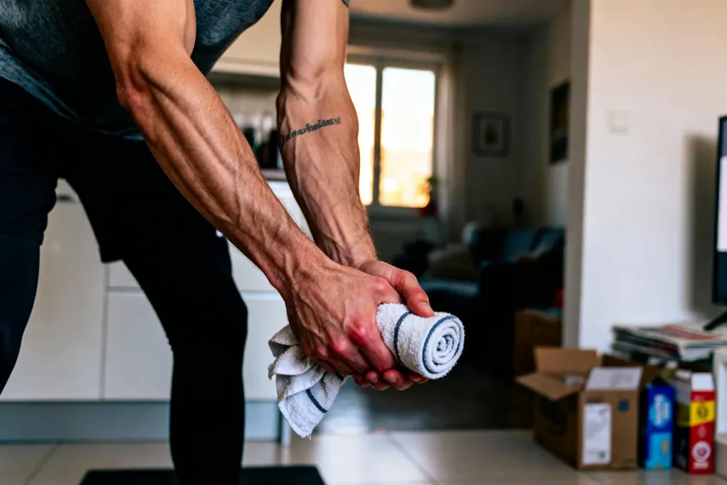 Personne musclée essorant une serviette blanche, intérieur lumineux avec cartons et télévision en arrière-plan.