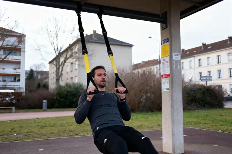 Homme fait des exercices de suspension sur sangles jaunes en extérieur, près d'un bâtiment résidentiel.