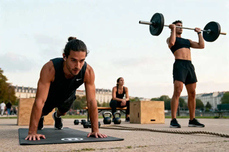 Trois personnes s'entraînent en extérieur avec kettlebell, corde, haltères sur tapis de sport.