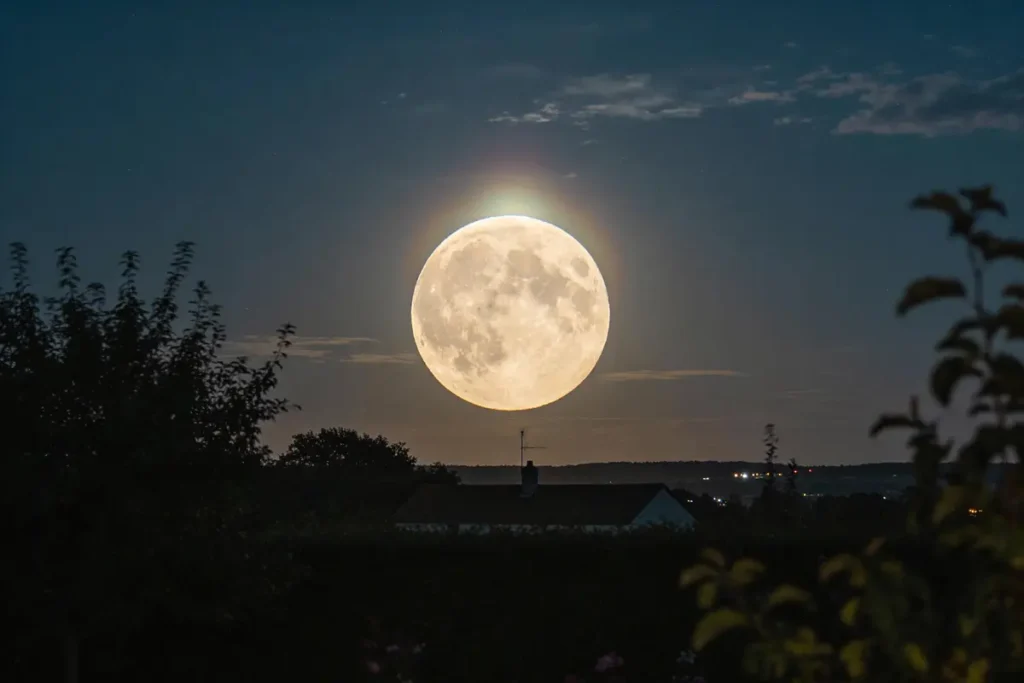Pleine Lune éclatante au-dessus d'une maison, ciel nocturne, silhouettes d'arbres à l'avant-plan.