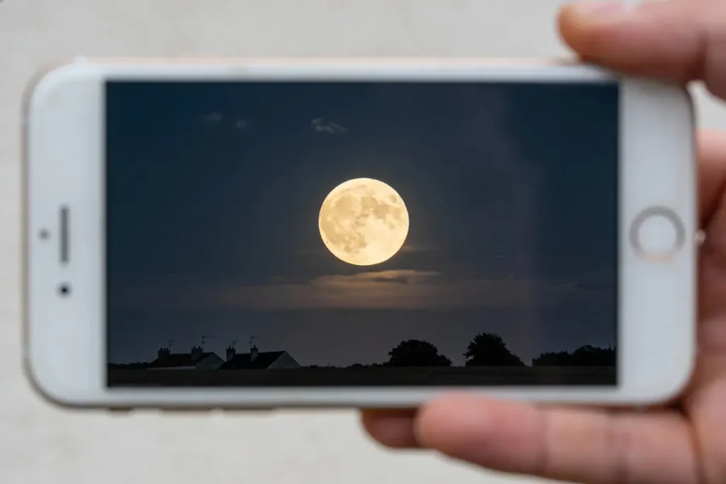 Main tenant un téléphone affichant une photo de pleine lune dans le ciel nocturne.
