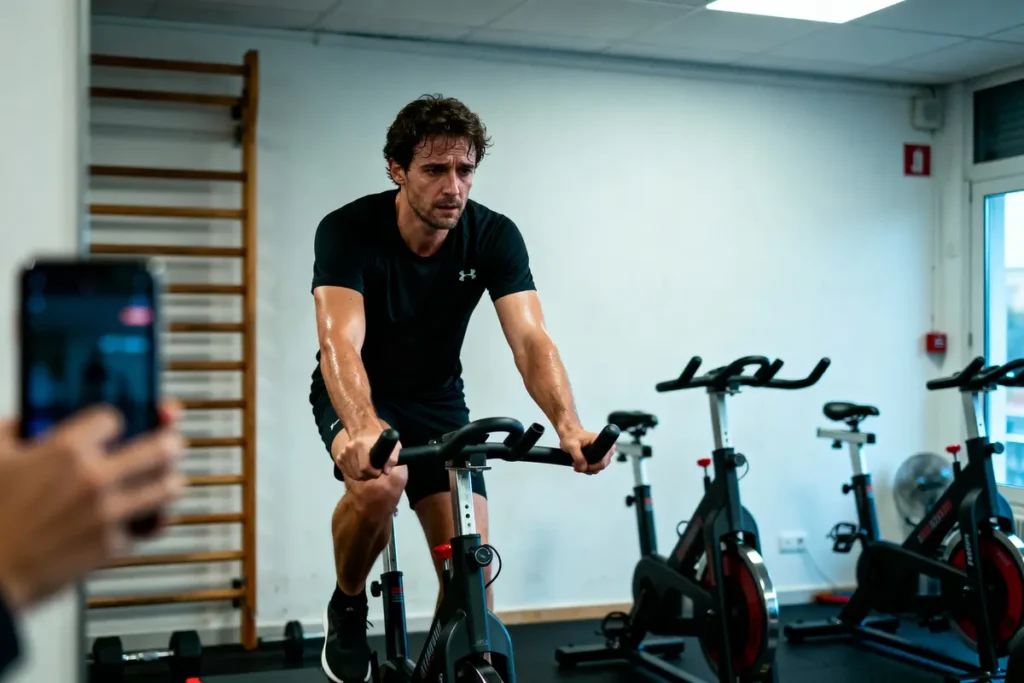 Homme en sueur faisant du vélo d'appartement dans une salle de sport, photo prise par quelqu'un.