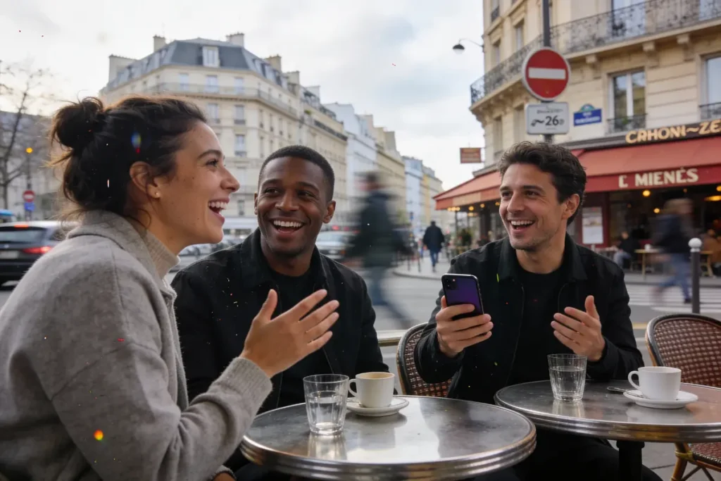 Trois personnes souriantes discutent à une terrasse de café en ville, deux tasses de café sur la table.