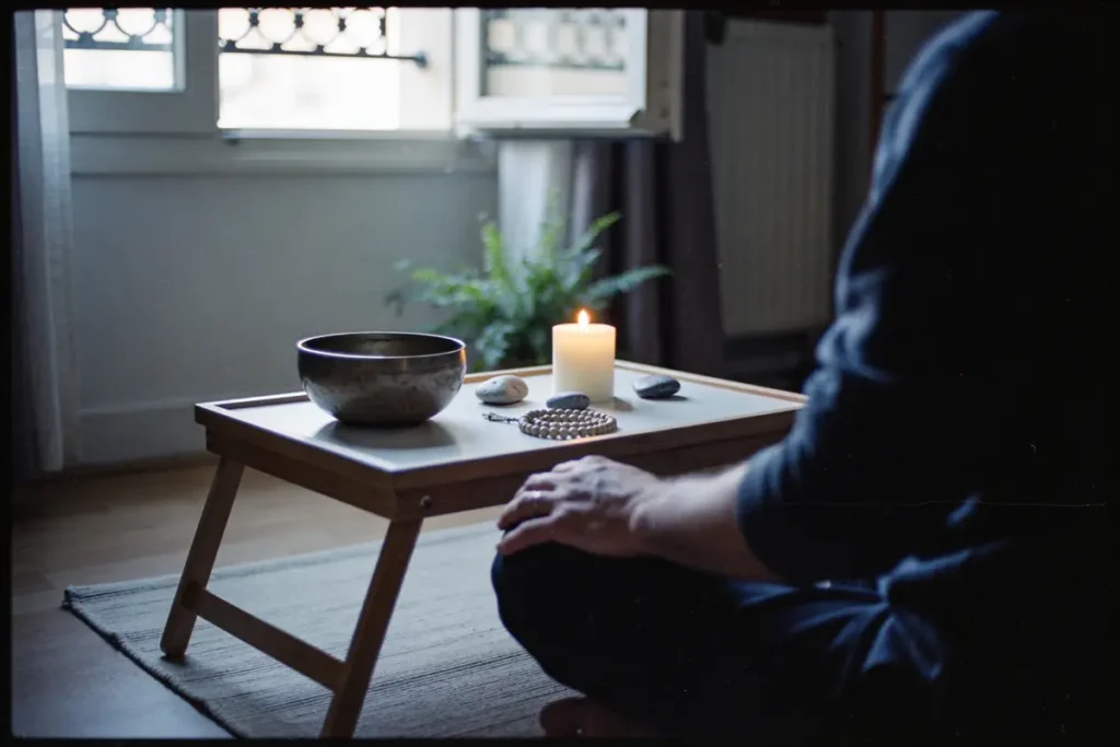 Personne méditant près d'une table avec bol tibétain, bougie allumée, pierres, bracelet et fenêtre ouverte.