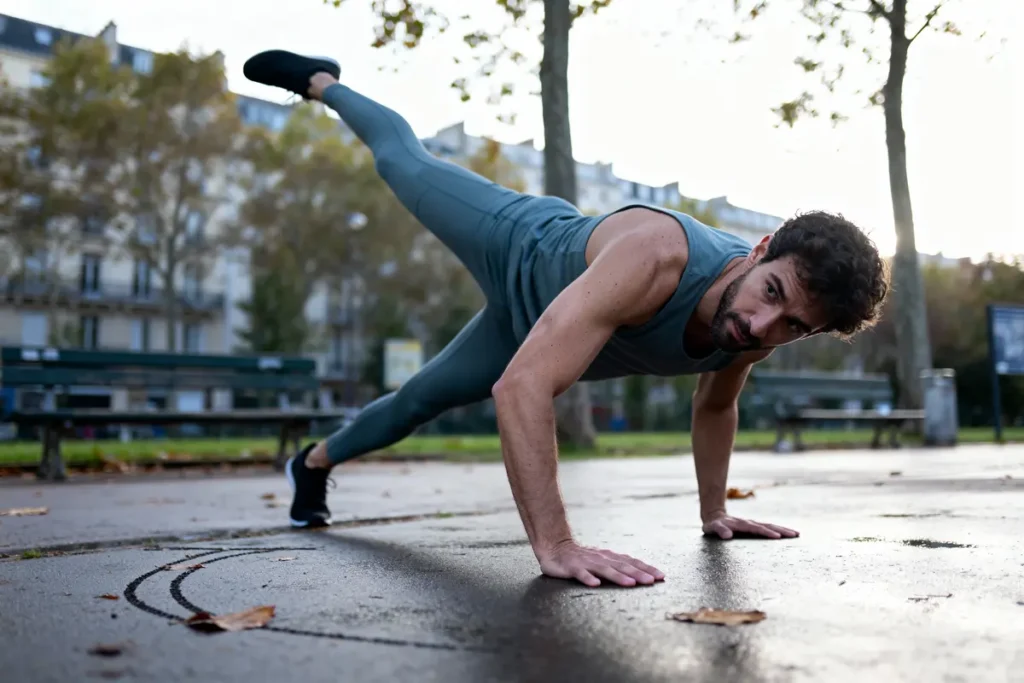 Homme en tenue de sport réalisant un exercice d'équilibre en extérieur, sur fond d'arbres et d'immeubles.