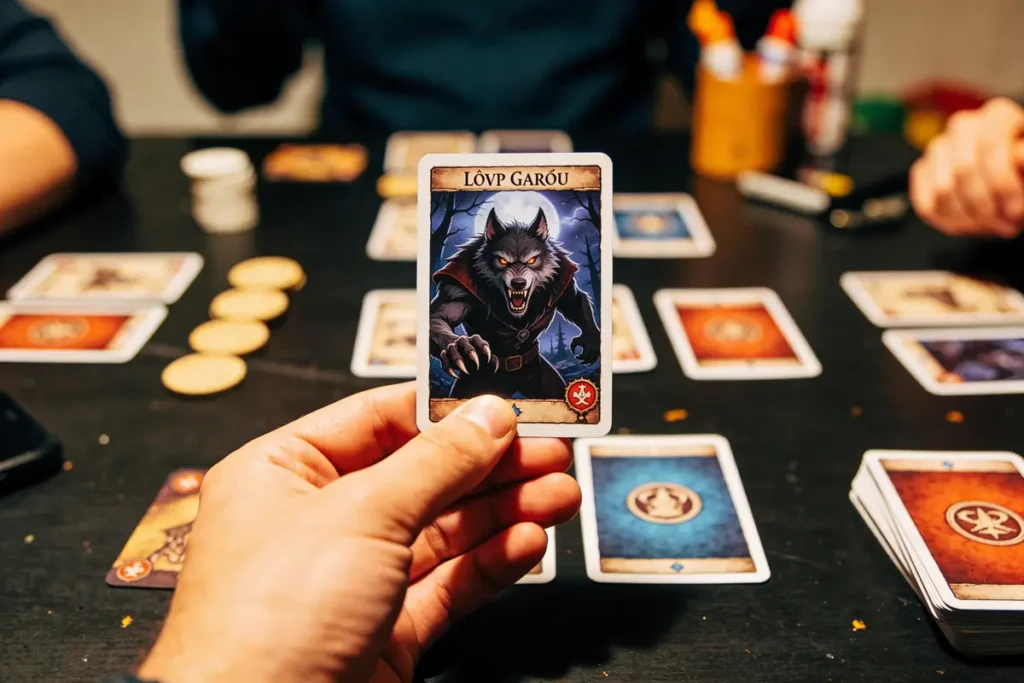 Personne tenant une carte "Loup Garou" lors d'un jeu de société sur une table sombre.