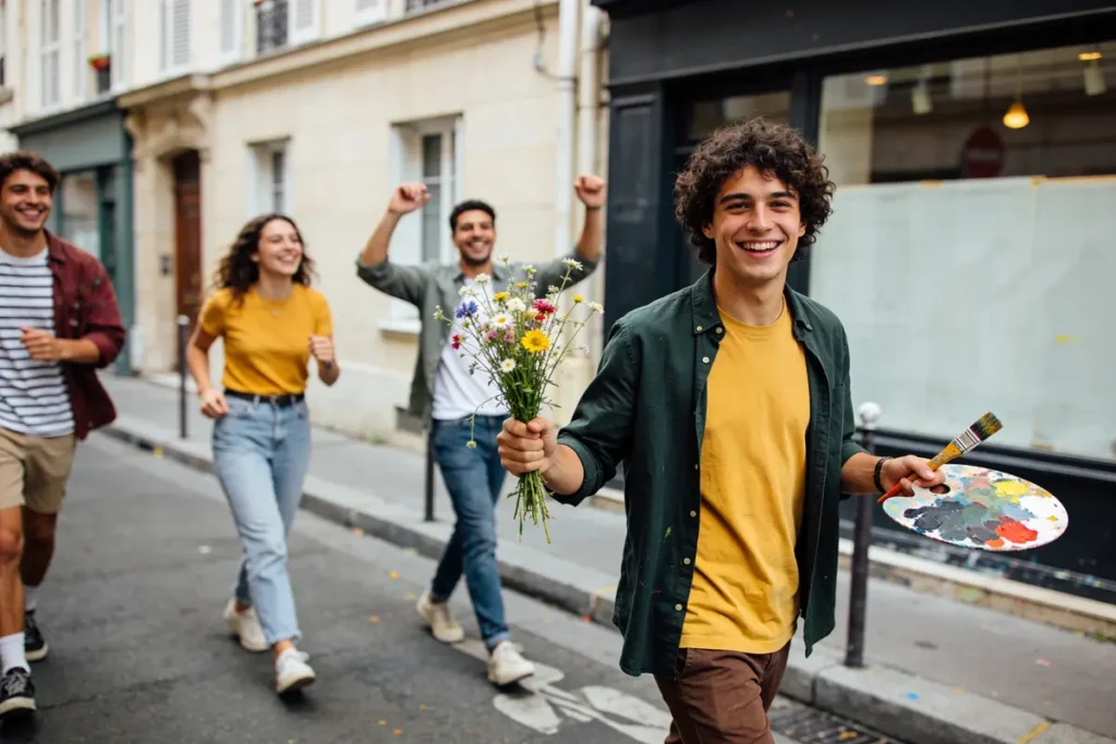 Quatre jeunes souriants marchent dehors, l'un tenant des fleurs et une palette de peinture.
