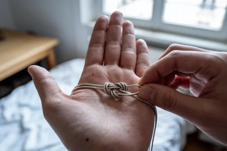Main tenant un nœud en corde grise, intérieur de chambre floue en arrière-plan.