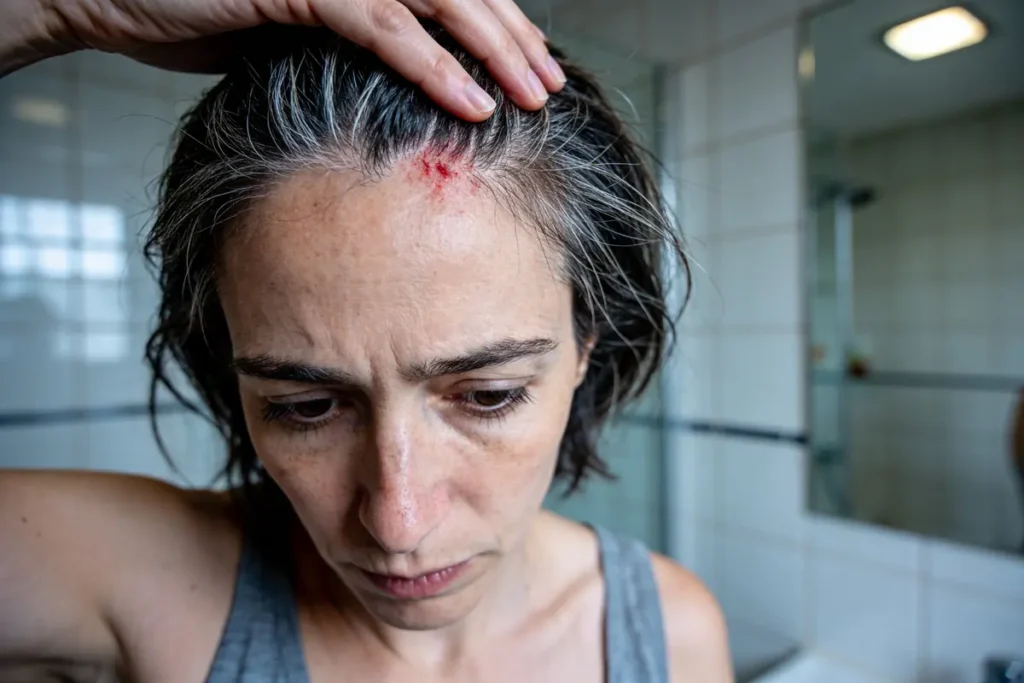 Femme touchant sa blessure saignante au front dans une salle de bain.