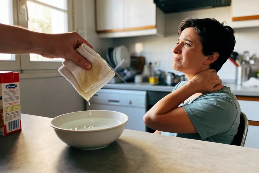 Drap humide au-dessus d'un bol, personne souffrant de douleur au cou dans une cuisine lumineuse.