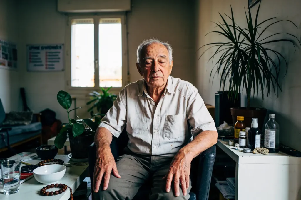 Homme âgé assis, yeux fermés, entouré de plantes, objets divers sur table basse, fenêtre arrière.