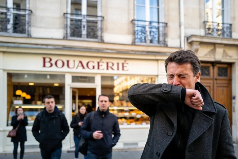 Homme éternuant dans la rue devant une boulangerie, passant devant des piétons habillés en hiver.