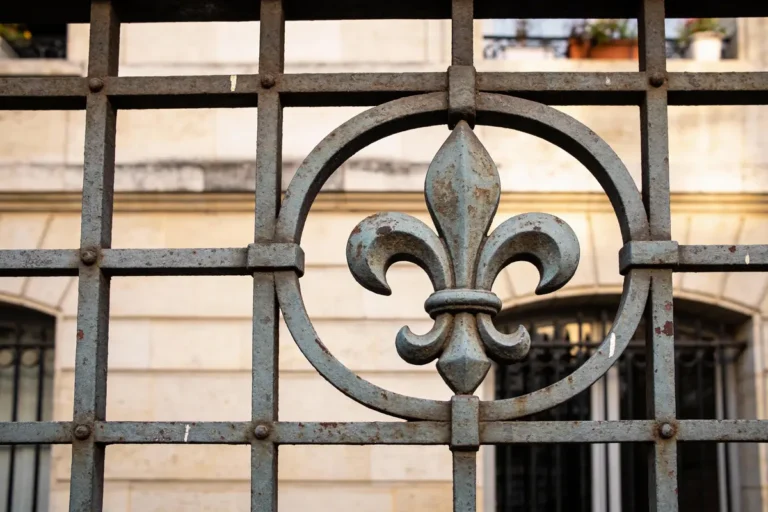 Grille en métal rouillé avec motif de fleur de lys, bâtiment en arrière-plan.