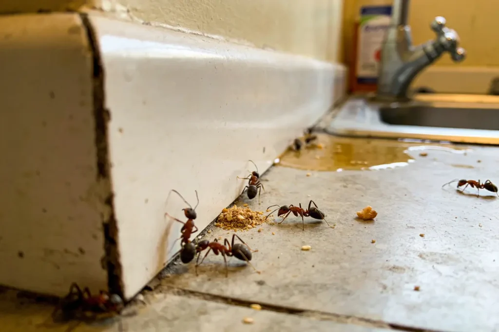 Fourmis montant un mur près d'un évier, entourées de miettes, sol mouillé.