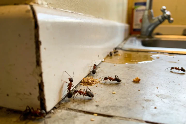 Fourmis montant un mur près d'un évier, entourées de miettes, sol mouillé.