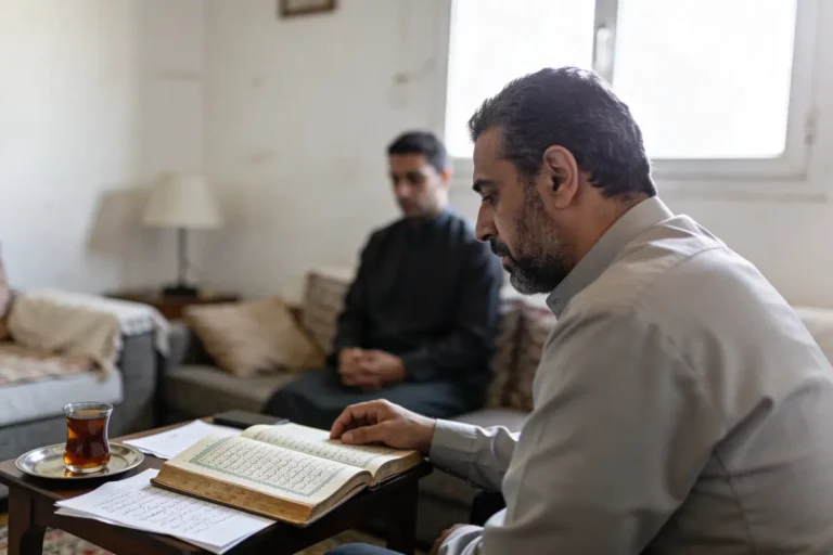 Deux hommes lisant un livre dans un salon, thé sur la table, ambiance paisible et studieuse.