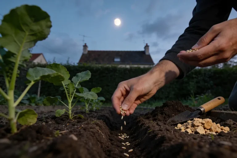 Personne plantant des graines dans un jardin au crépuscule, avec lune et plantes en arrière-plan.