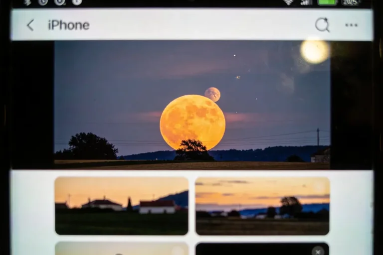 Photo d'écran d'un iPhone montrant une lune orange géante au-dessus d'un paysage sombre.