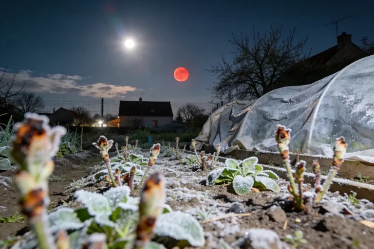 Jardin nocturne, plantes givrées, lune rouge éclipsée, tunnel en plastique, maison en arrière-plan, ciel étoilé.