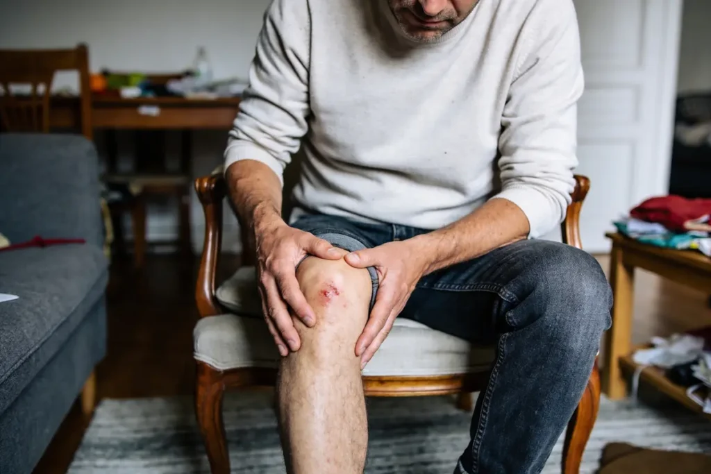 Homme assis examinant son genou blessé, portant pull blanc et jeans, dans un salon.