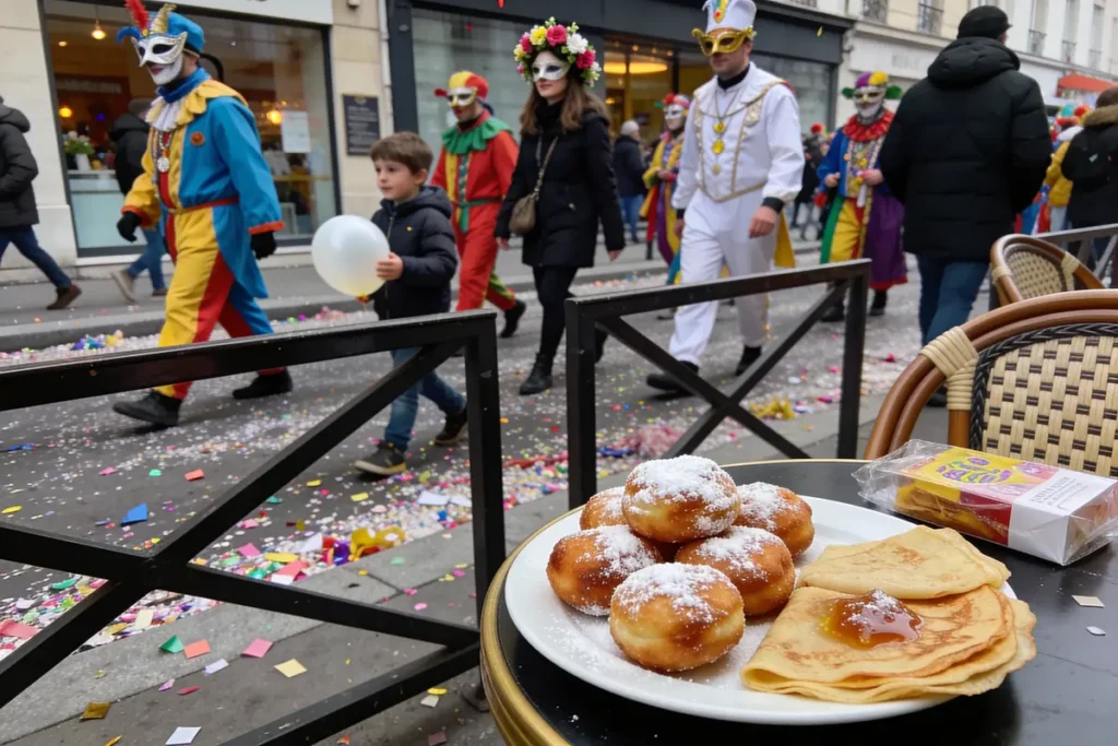 Personnes déguisées défilent devant assiette beignets et crêpes, rue jonchée de confettis, ambiance festive.