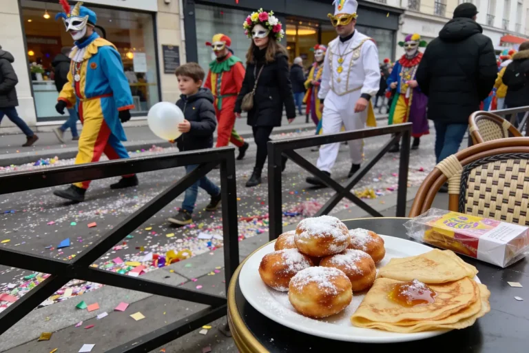 Personnes déguisées défilent devant assiette beignets et crêpes, rue jonchée de confettis, ambiance festive.