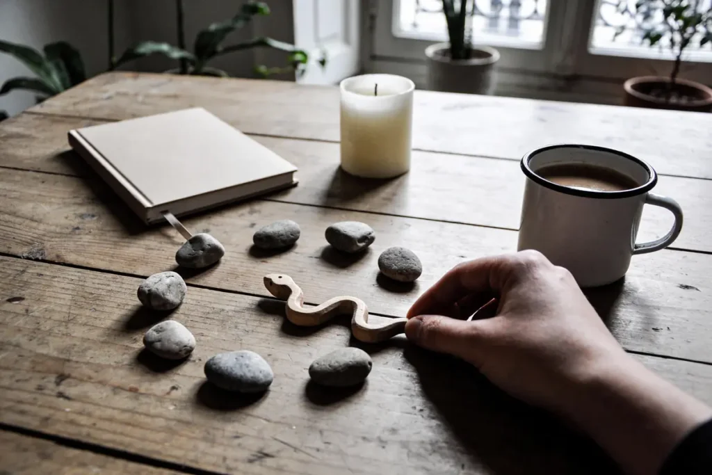 Main tenant un jouet en bois serpent, entouré de pierres, avec tasse, livre, bougie sur table en bois.