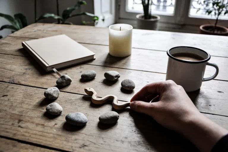 Main tenant un jouet en bois serpent, entouré de pierres, avec tasse, livre, bougie sur table en bois.