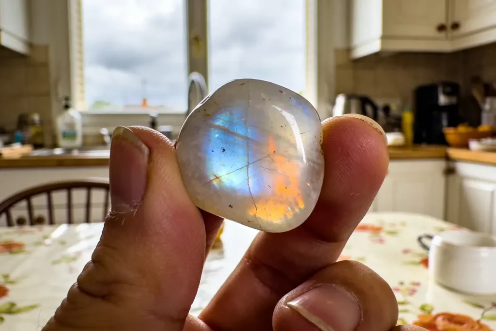 Gros plan d'une main tenant une pierre irisée aux reflets bleus et orange, dans une cuisine.