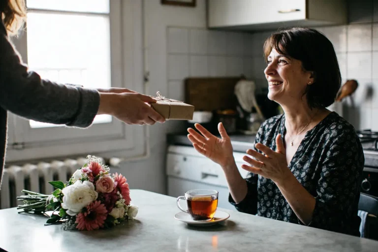 Femme souriante reçoit cadeau à table, bouquet et tasse de thé.