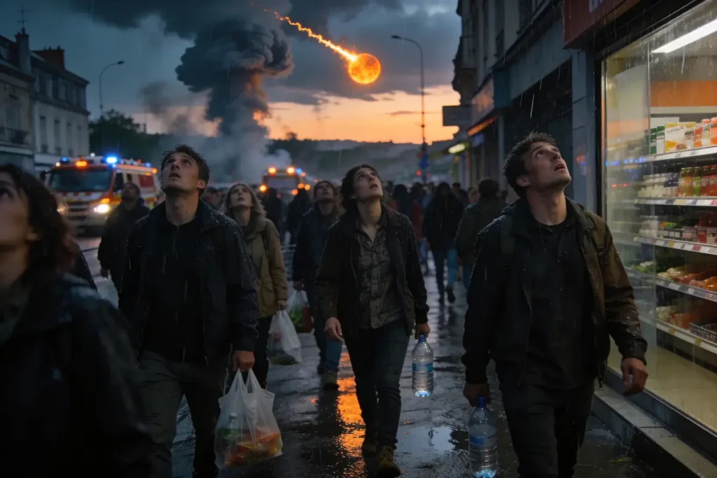 Des gens regardent un météore enflammé, passant dans le ciel sombre d'une rue urbaine pluvieuse.