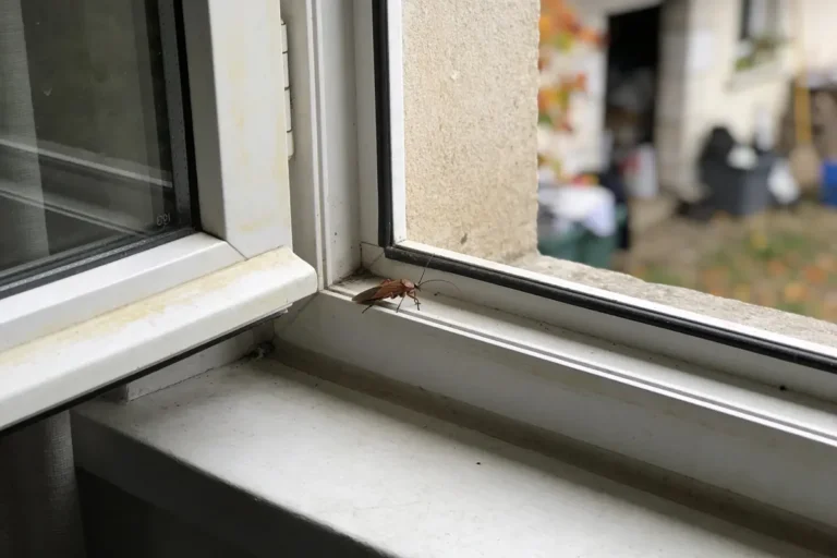 Insecte sur l'appui de fenêtre ouverte, vue extérieure floue, mur en pierre apparent.