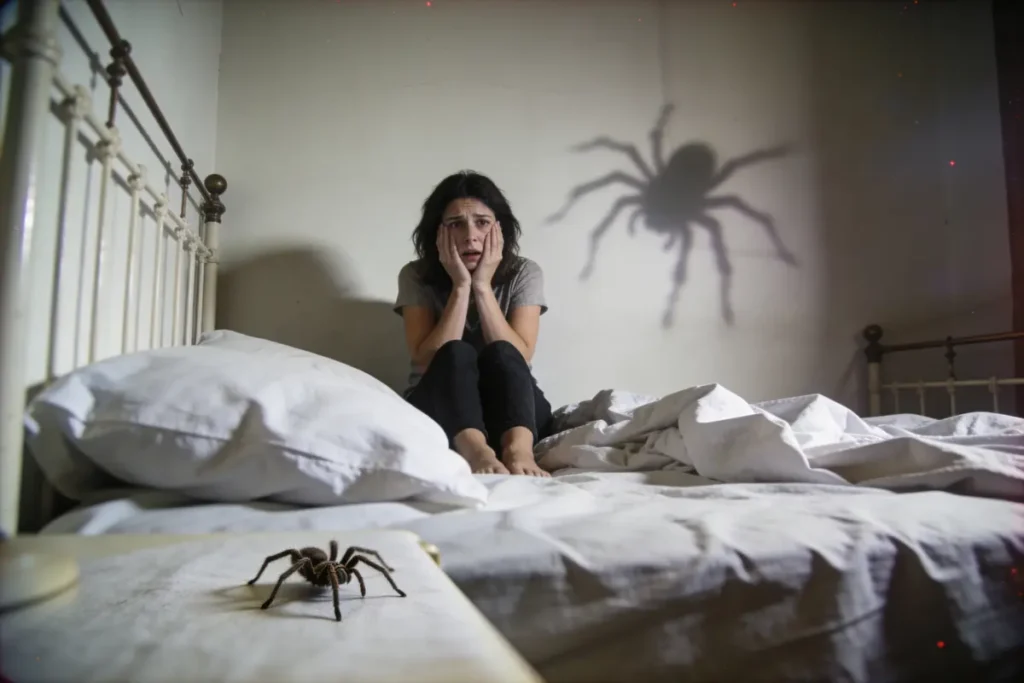 Femme effrayée sur un lit avec une araignée et une grande ombre sur le mur.